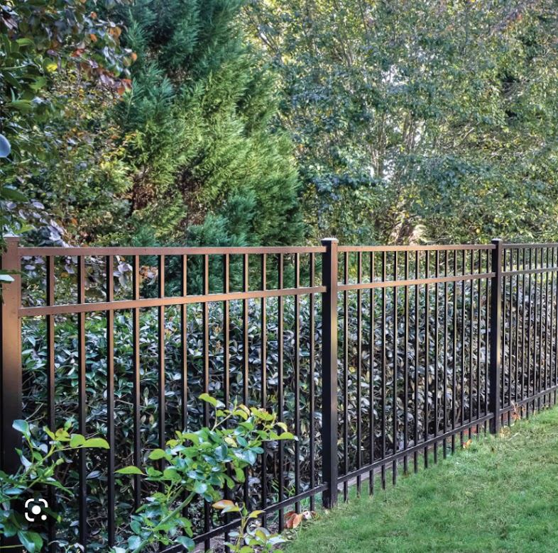 Black aluminum fence along landscaped hedge